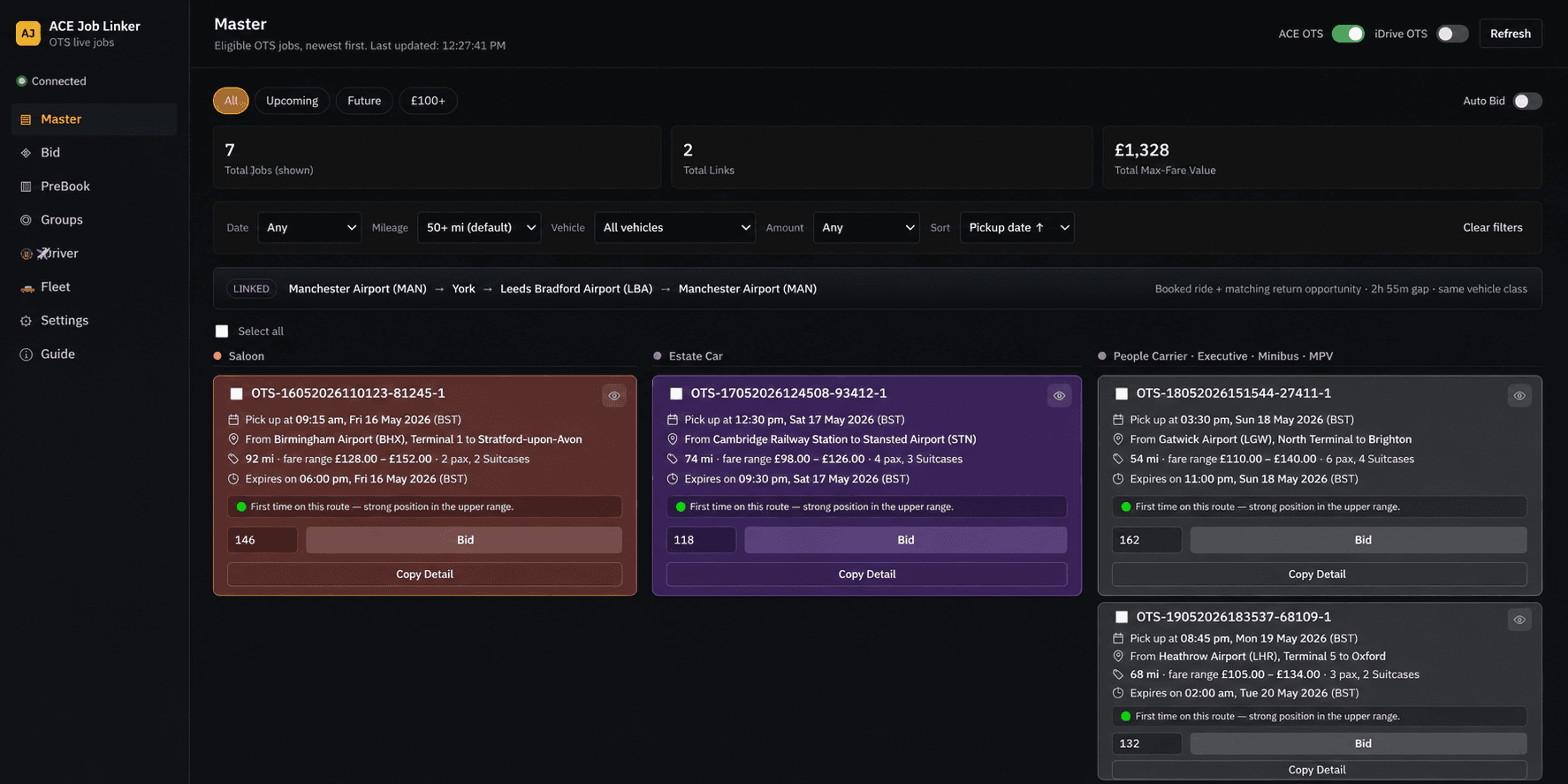 ACE Job Linker taxi dispatch interface